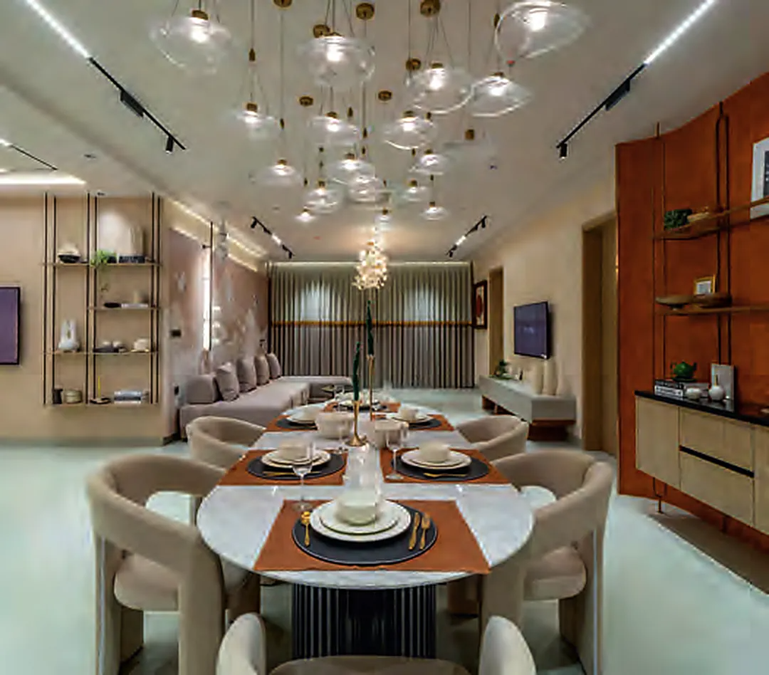 Open dining and living space in the Diamond Towers model apartment