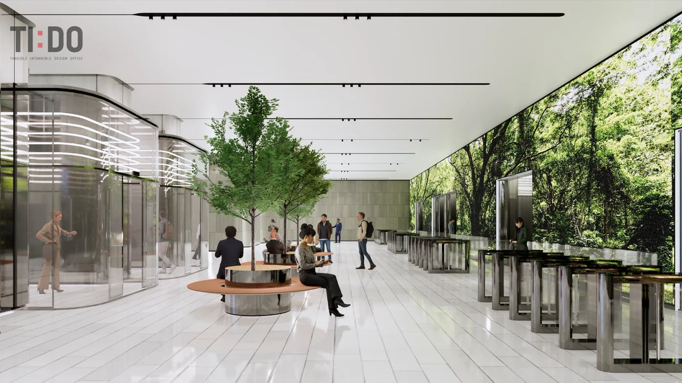 Diamond Towers office lobby rendering with a full-wall landscape screen