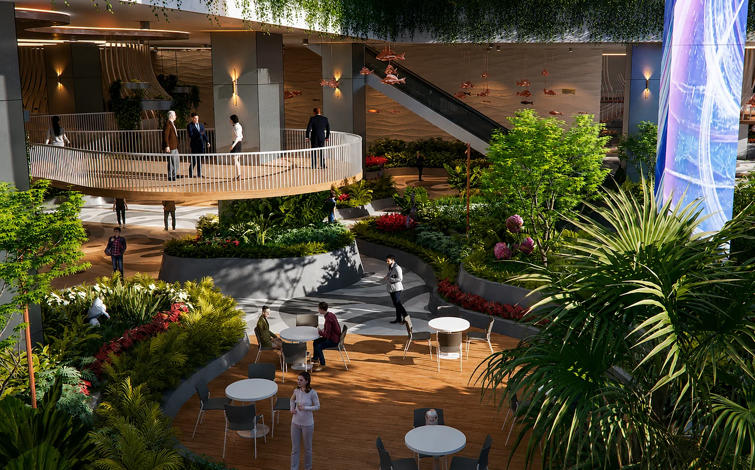 Landscaped eco-deck at Diamond Towers with garden planting, seating and escalators