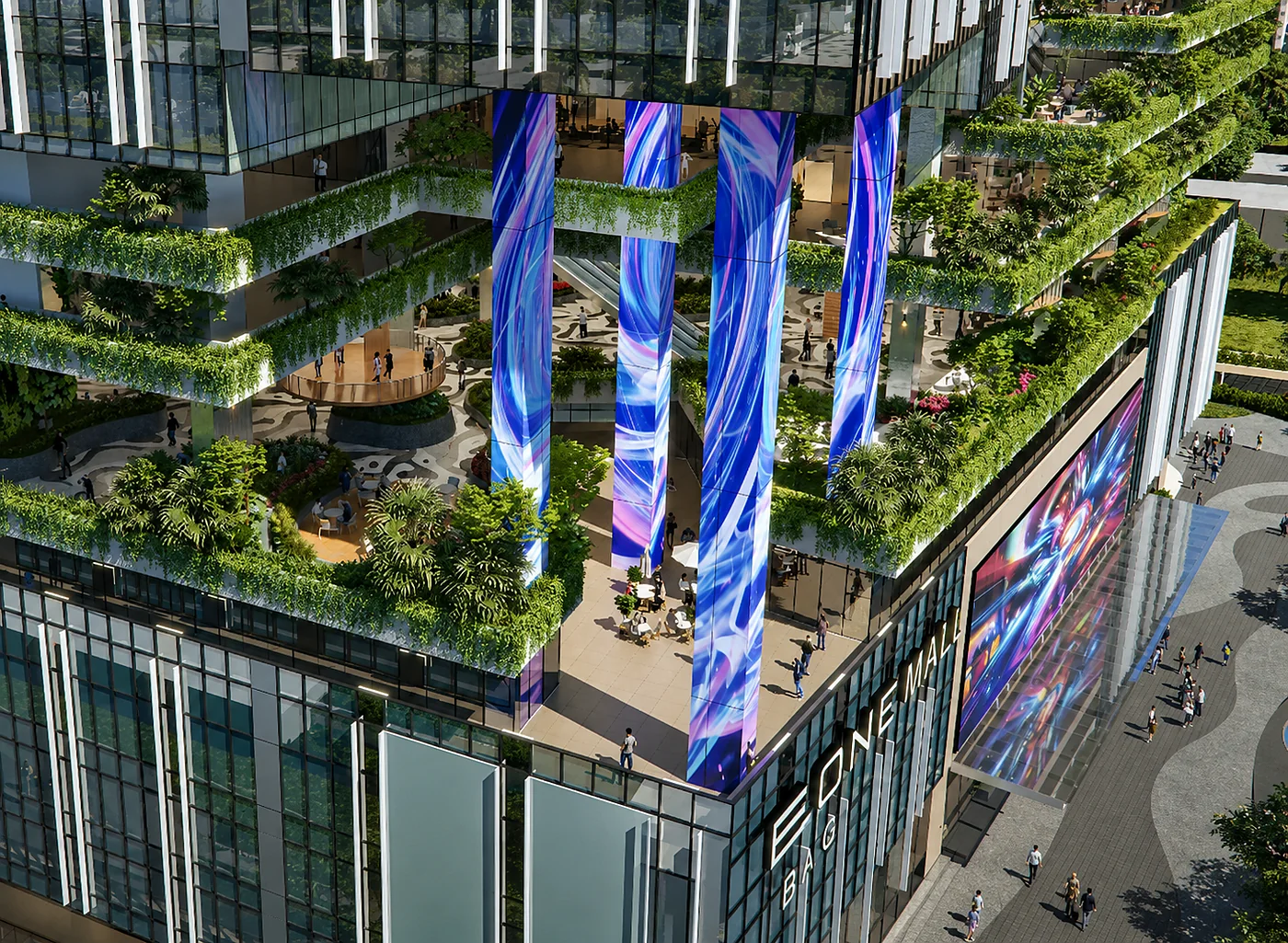 Aerial view of the ONE Mall retail podium at Diamond Towers, with landscaped terraces and LED media columns