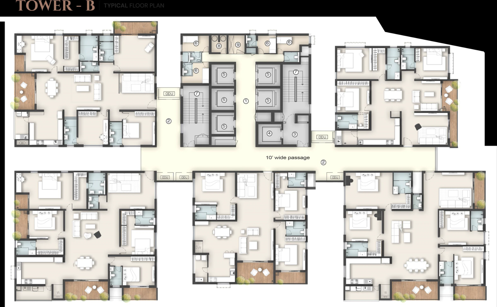 Tower B typical floor plan showing five residences
